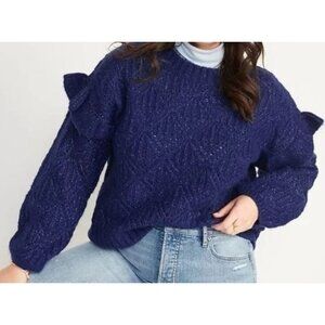 Old Navy Blue Knit Pointelle Ruffle Trim Crew Neck Long Sleeve Sweater Size S